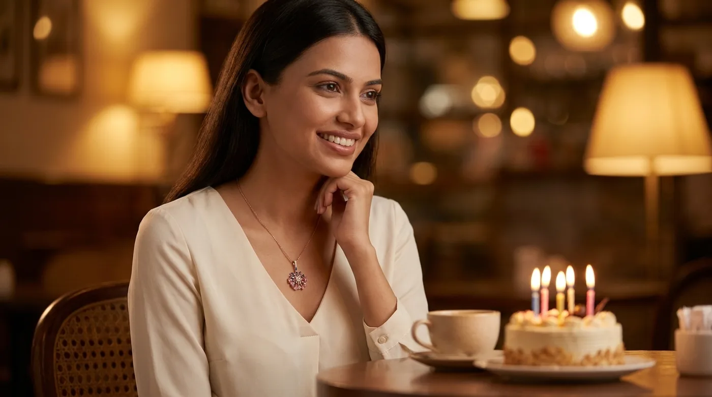 birthday wishes 2026 hero with an Indian woman wearing The Thaloria Pendant