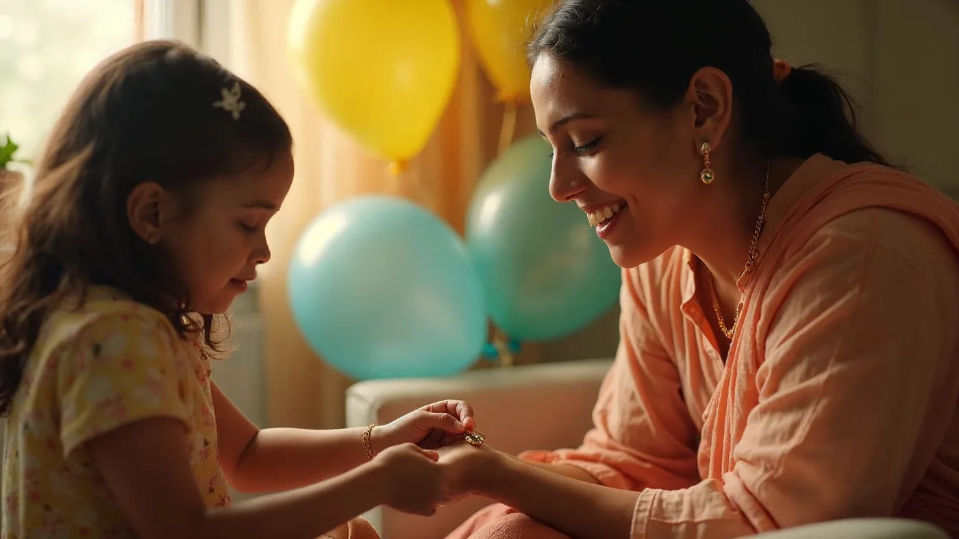 Children's Day 2026 lifestyle hero, mother gifting kids evil eye bracelet to daughter