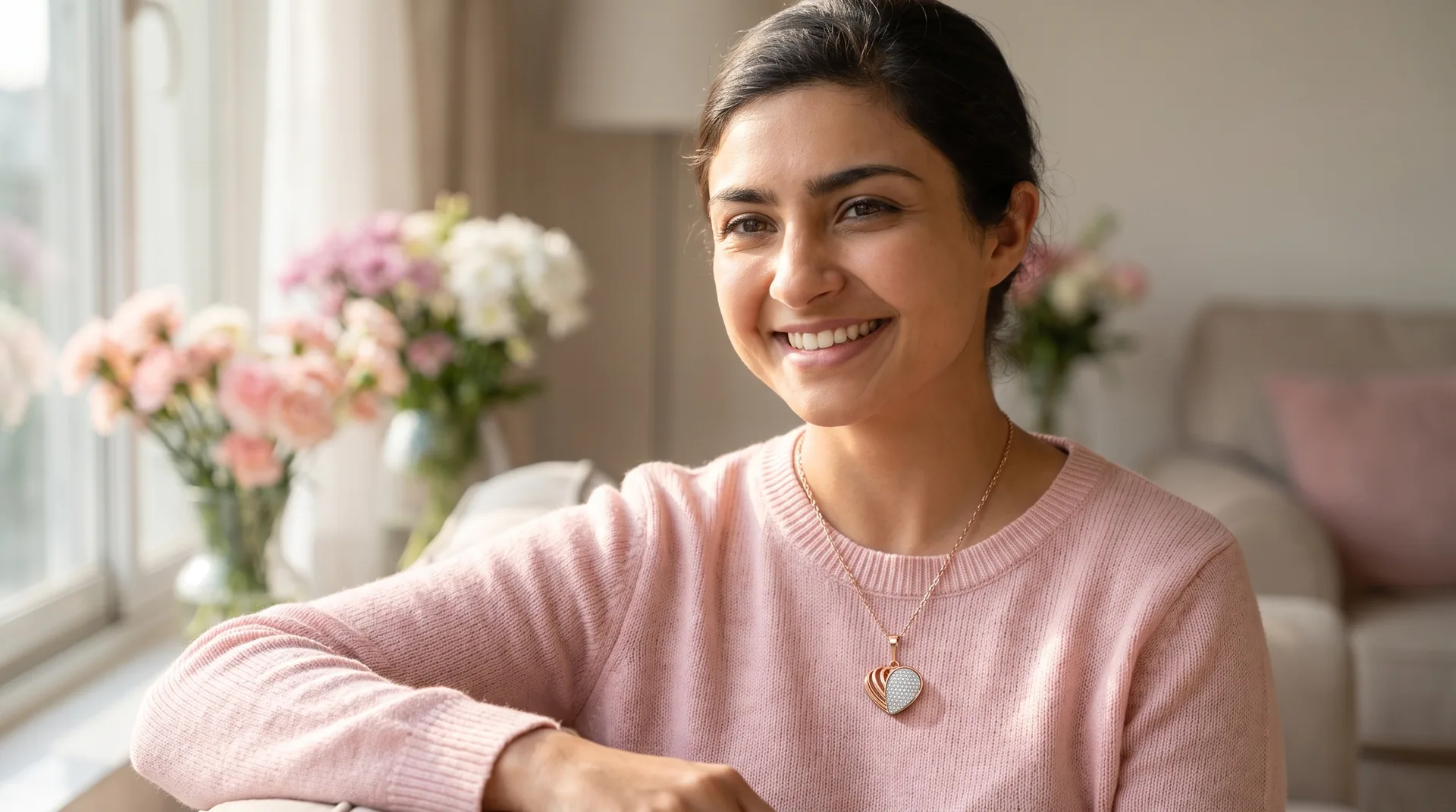 emotional daughters day quotes 2026 hero, fair-skinned Indian woman wearing The Valeria Rose Pendant