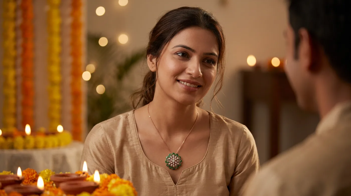 diwali banner 2026 hero with an Indian woman wearing The Lumeelle Cluster Pendant