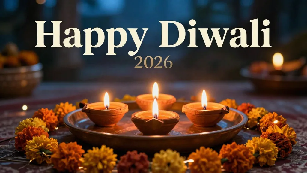 Happy Diwali 2026 mood, diyas and marigold garlands with warm golden light
