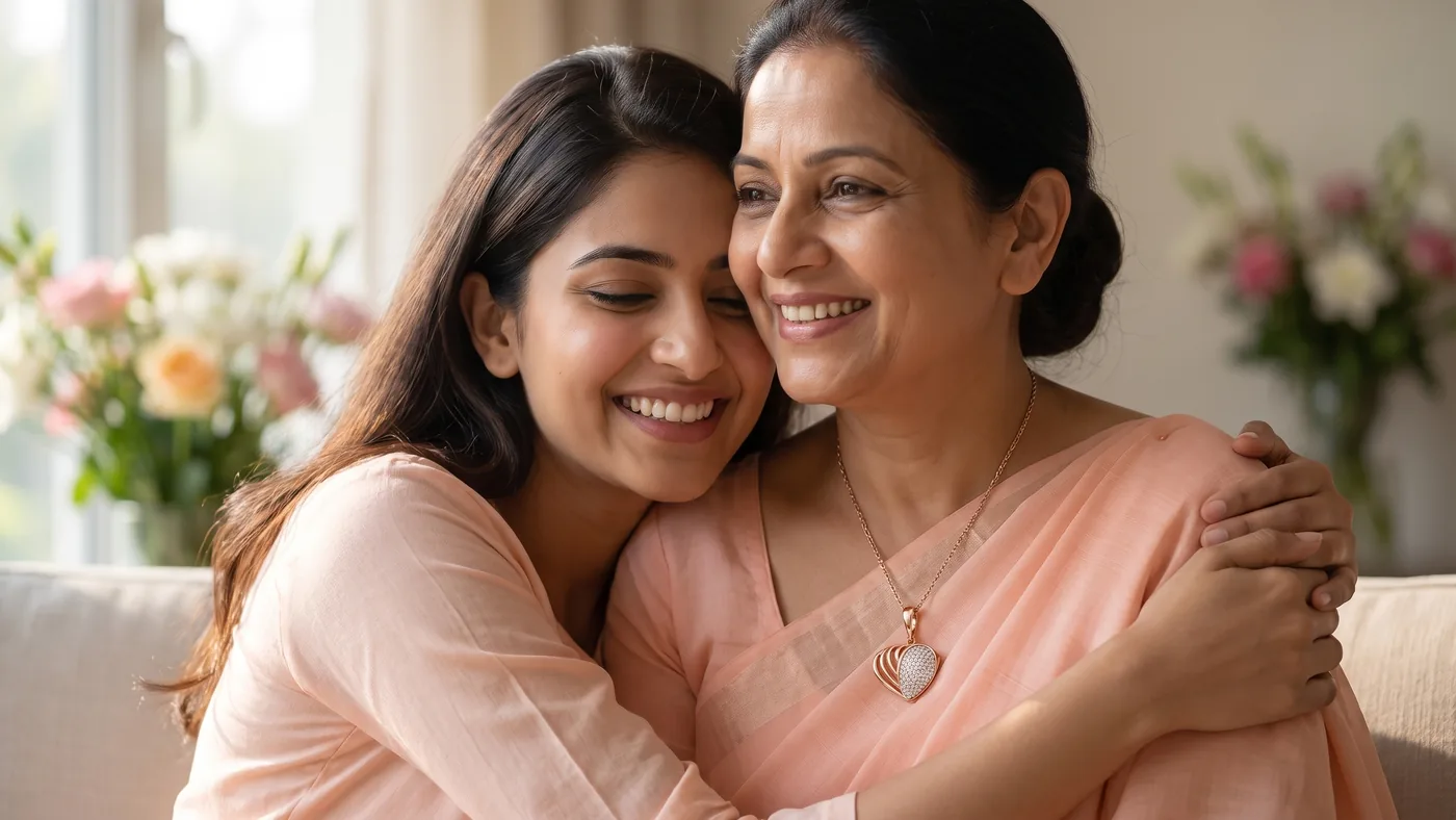 mother's day wishes in english 2027 hero, fair-skinned Indian mother wearing The Valeria Rose Pendant