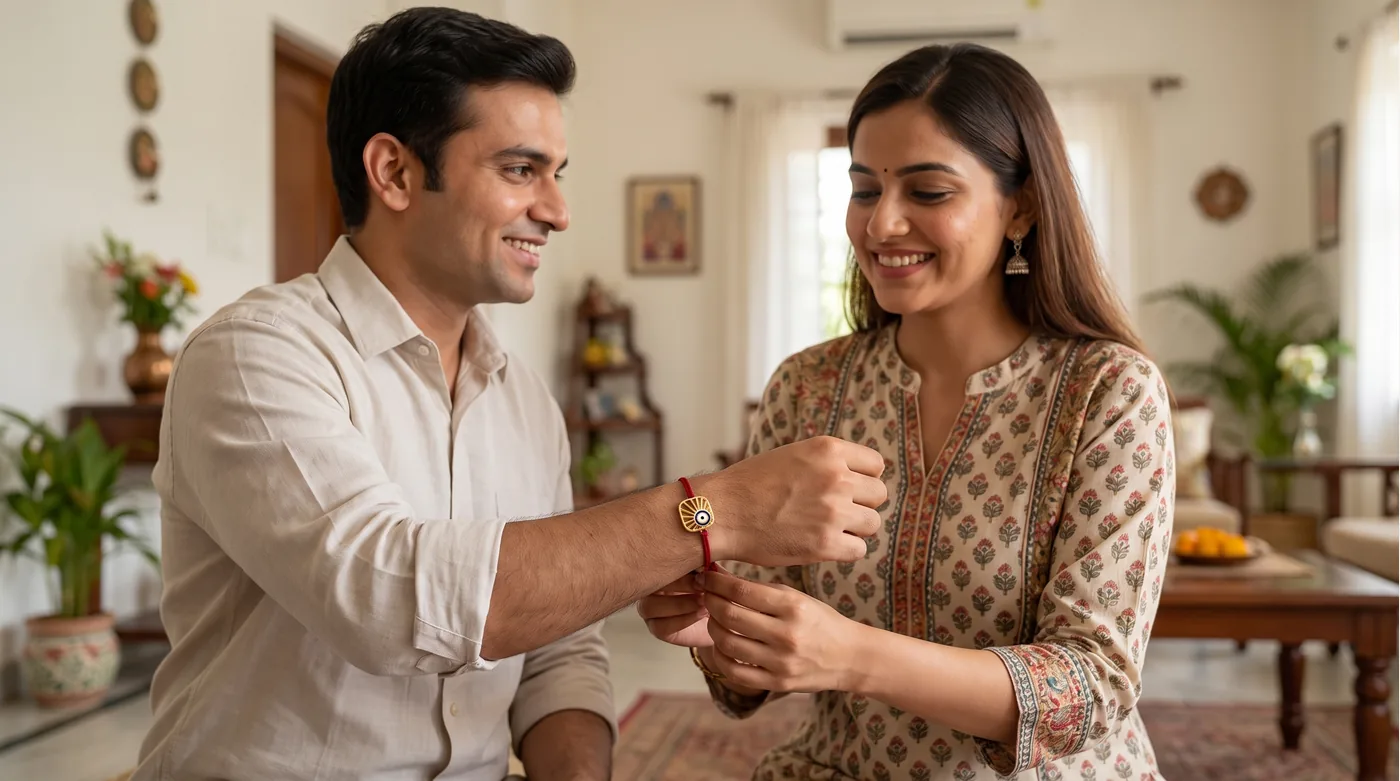 raksha bandhan quotes in hindi 2026 hero with The Protector Evil Eye Rakhi on brother wrist