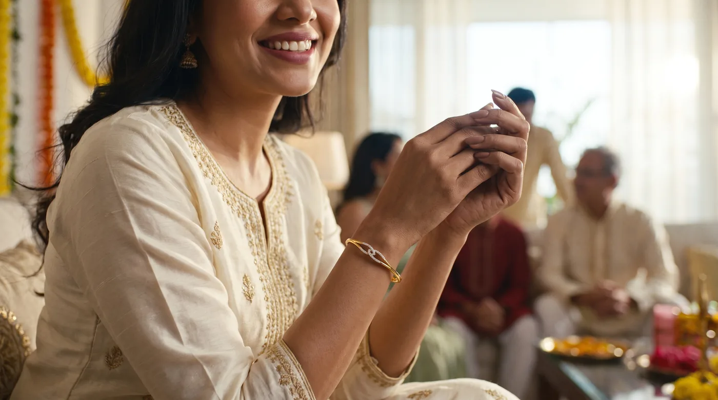 Baby bangles gold 2027 hero lifestyle with fair-skinned Indian woman wearing The Estrella Oval Bangle in 18kt gold