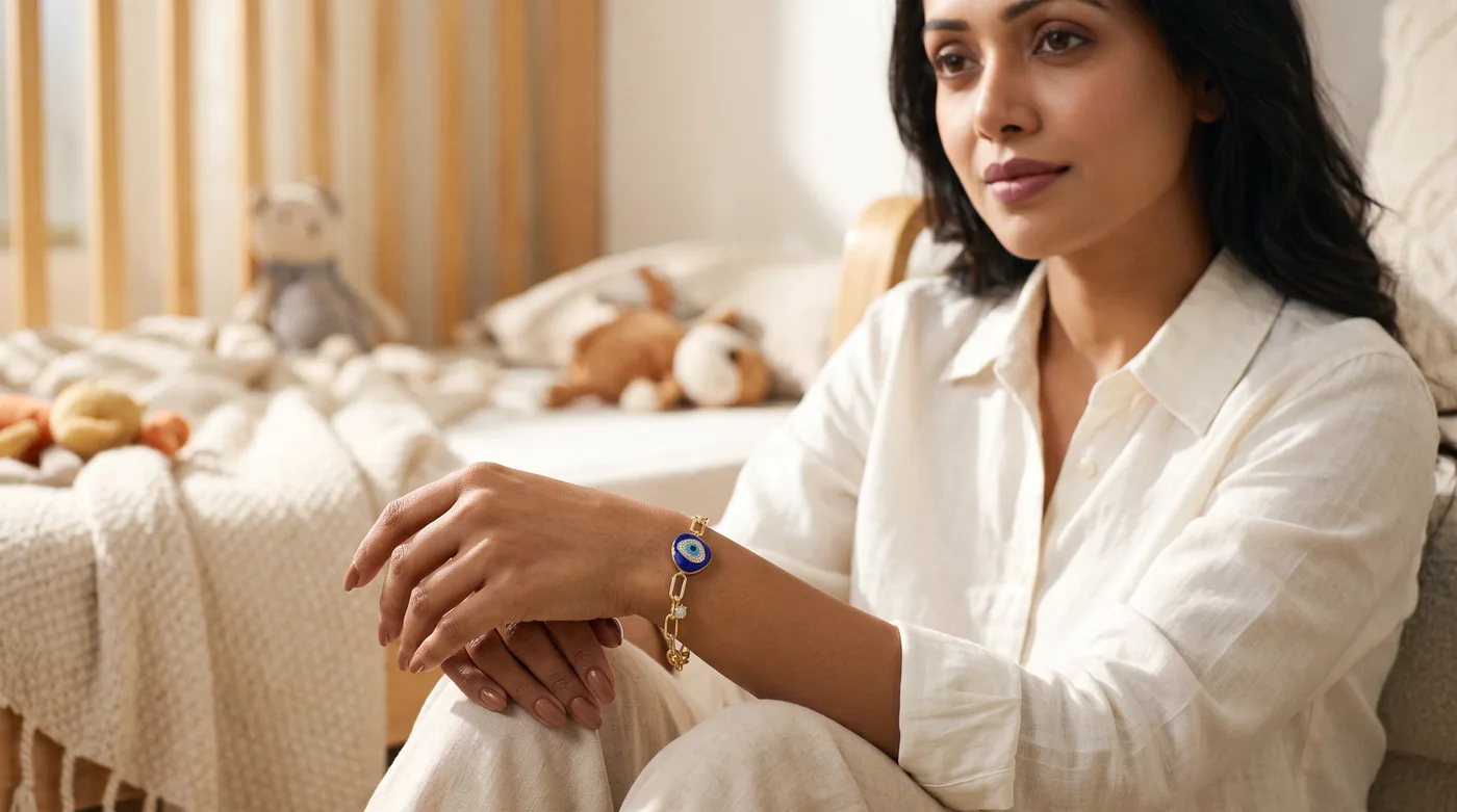 Baby gold bracelet 2027 trending design, The Elize Evil Eye Bracelet in yellow gold on wrist