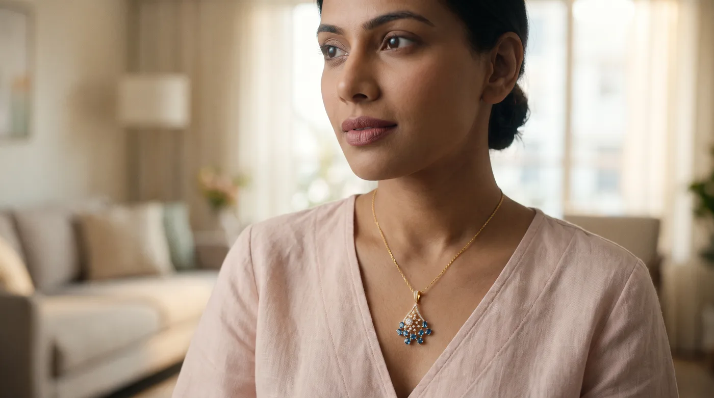 Daily use simple gold chain design 2026: The Sarvanya Pendant worn on lightweight gold chain