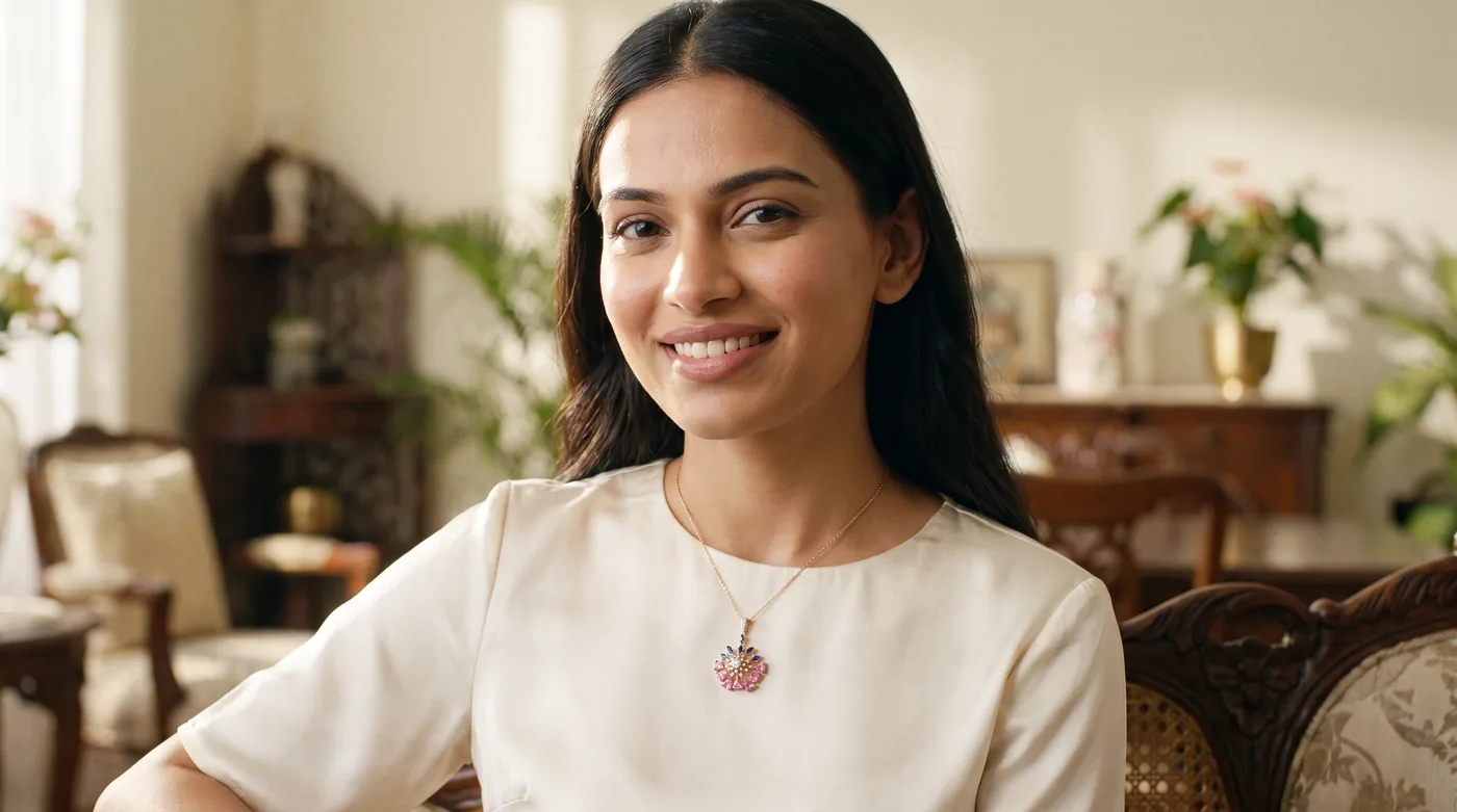 Diamond set 2026 hero lifestyle with fair-skinned Indian woman wearing The Thaloria Pendant in 18kt gold