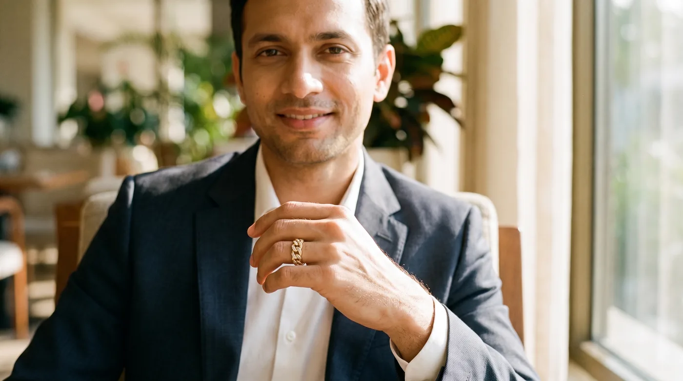 Diamond studs for men 2026 hero lifestyle with fair-skinned Indian man wearing 18kt gold jewellery and The Interlink Band Ring