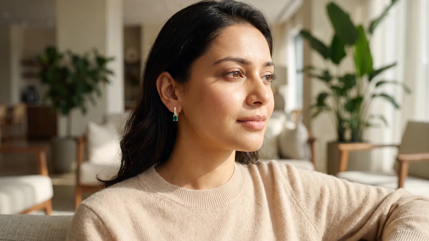 Earring ka design 2026 trending style, The Rohal Huggie Earrings worn by fair-skinned Indian woman