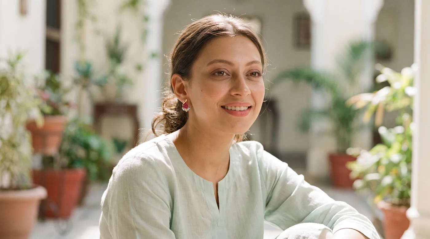 Flower earrings 2026 hero: The Aleena Huggie Earrings worn by an elegant fair-skinned Indian woman in warm natural light
