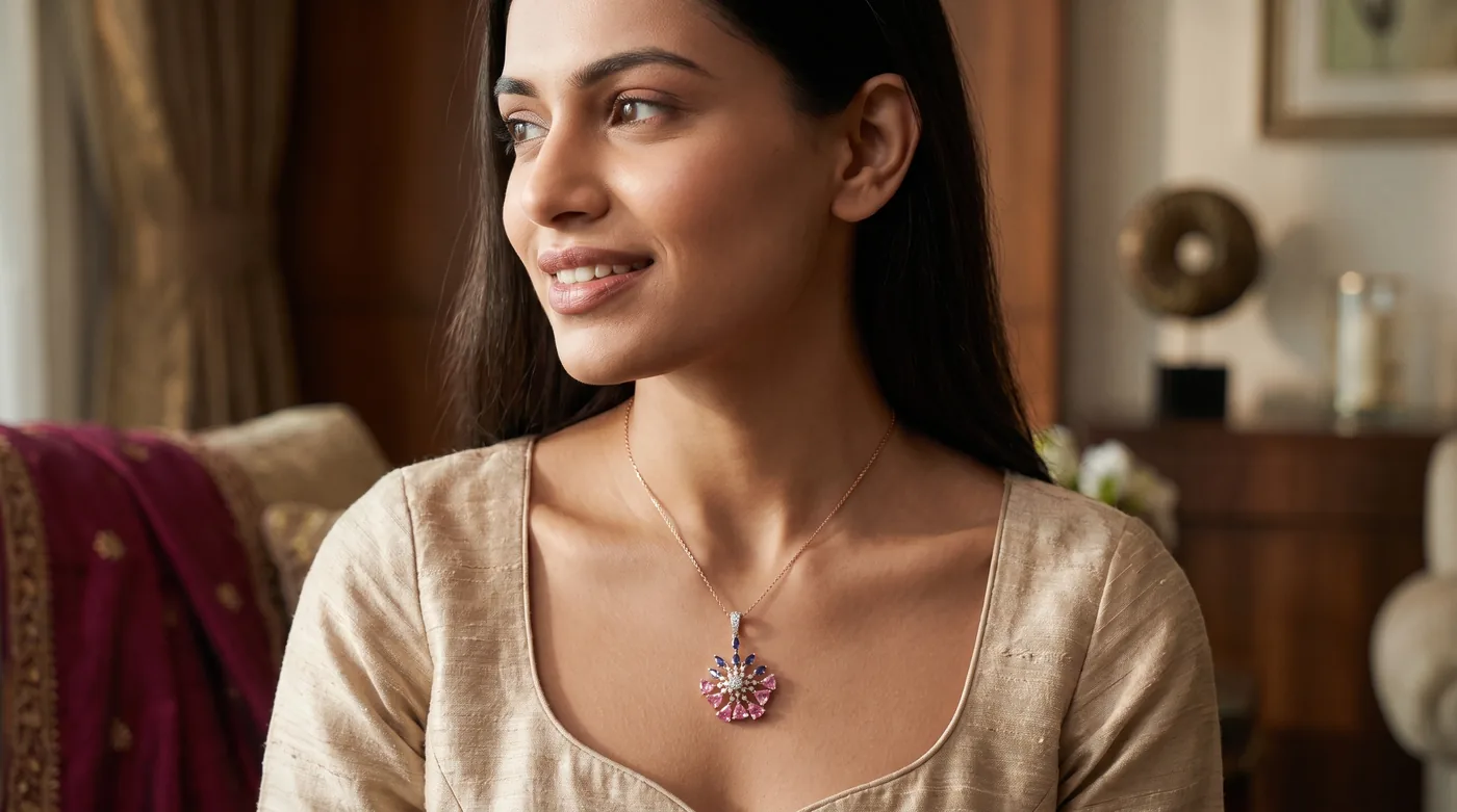 gold kanthi chain design 2026 hero, The Thaloria Pendant worn on an elegant necklace by a woman