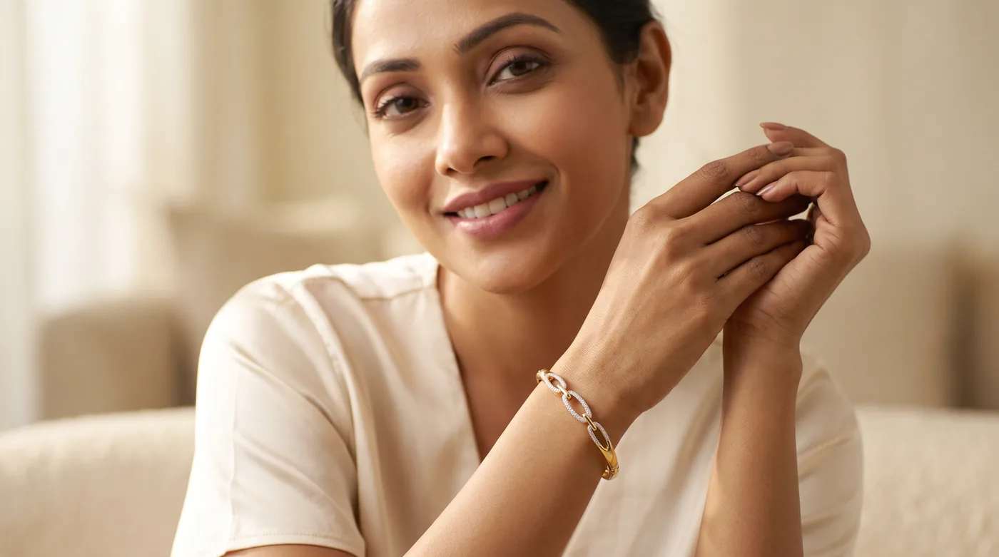 Gold plated bangles 2026 hero lifestyle with fair-skinned Indian woman wearing The Channing Bangle in 18kt gold