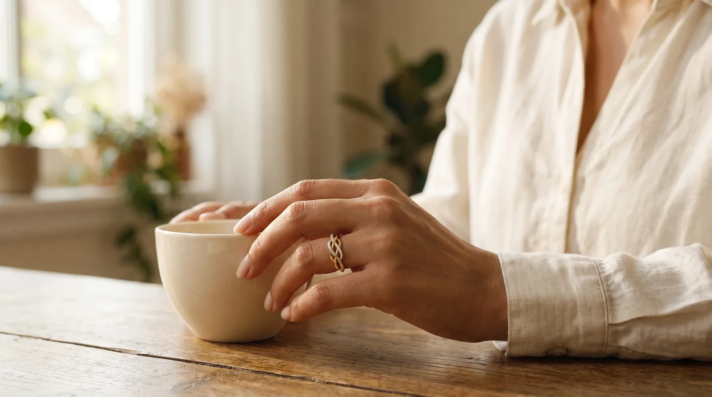 Gold plated rings for womens 2026: The Anya Ring styled elegantly on a fair-skinned Indian woman