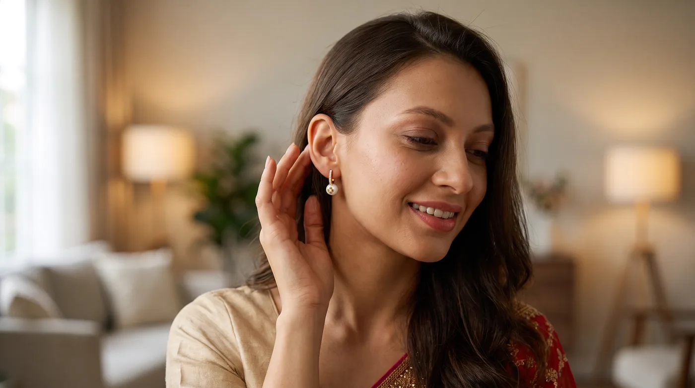 hanging earrings 2026 hero, The Asya Huggie Earrings worn by a woman