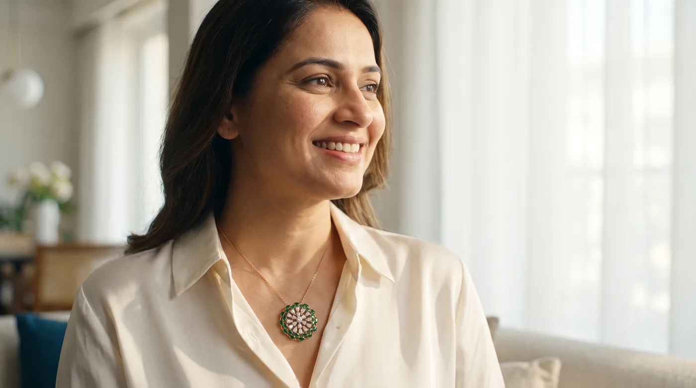 Heart shaped pendant in gold 2026 hero lifestyle with woman wearing gold diamond cluster heart pendant, The Lumeelle Cluster Pendant