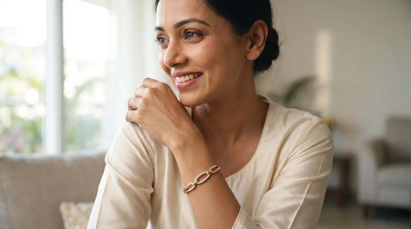 Kids bangles 2026 hero lifestyle with mother wearing gold bangle, The Channing Bangle
