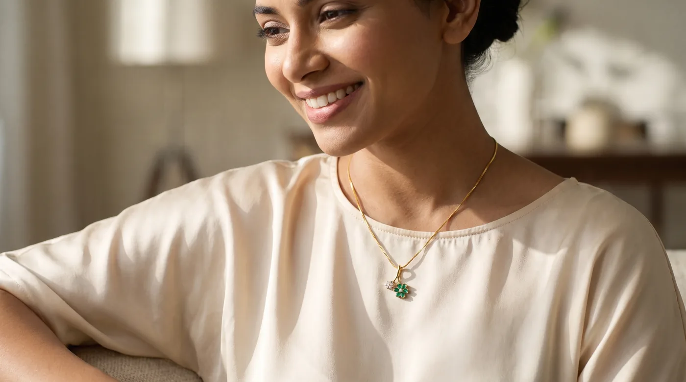 Latest gold necklace designs 2026 hero lifestyle with fair-skinned Indian woman wearing The Aagarna Pendant in gold