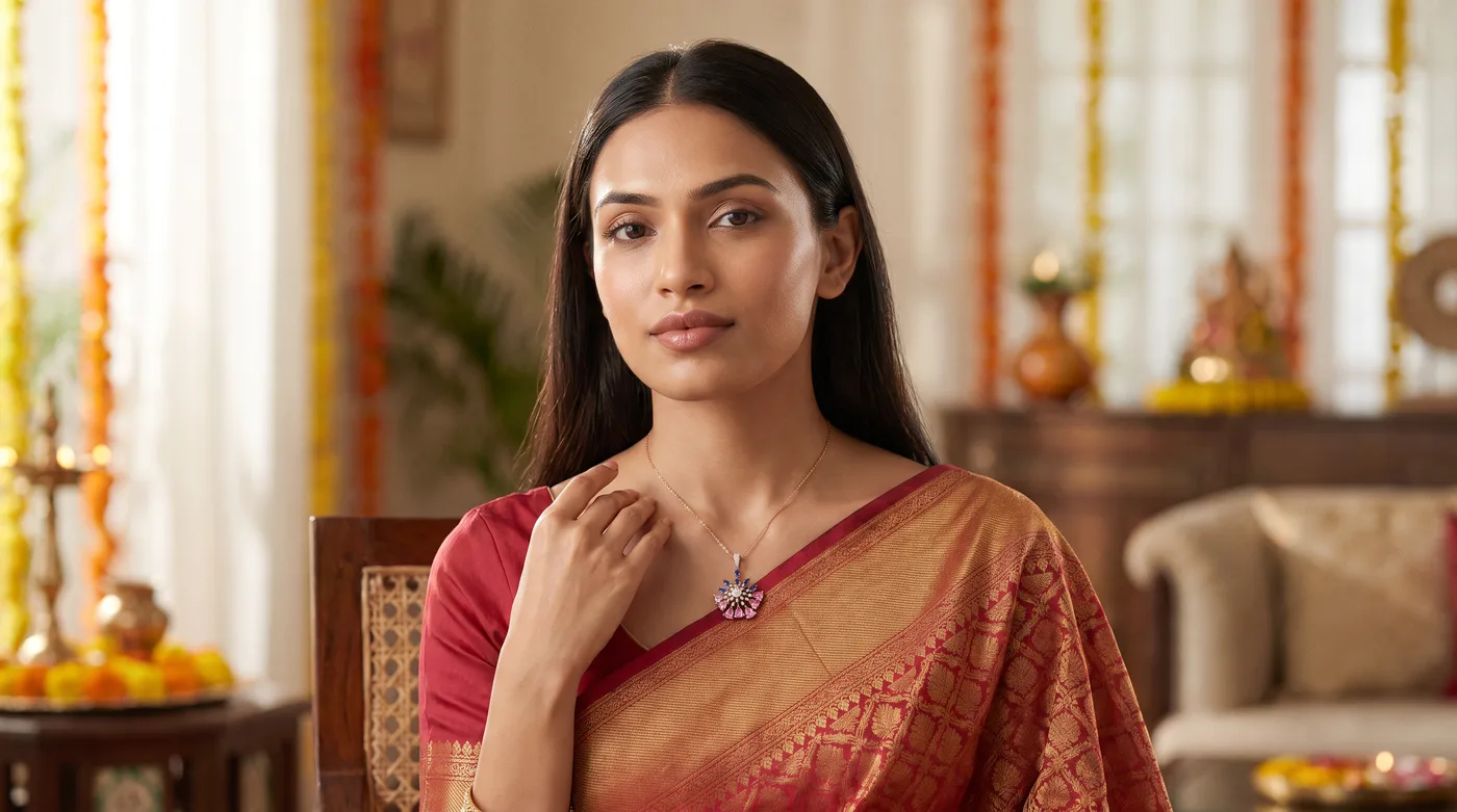 Laxmi haar gold design 2026 trending style, The Thaloria Pendant worn by fair-skinned Indian woman