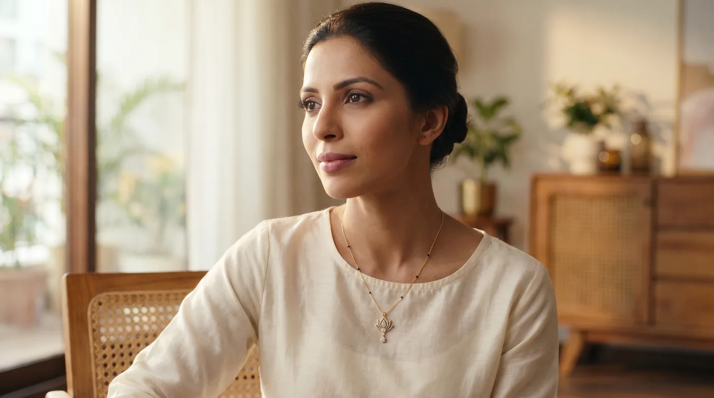 Light weight gold jewellery 2026: The Shubhlatika Mangalsutra Necklace worn as daily lightweight necklace