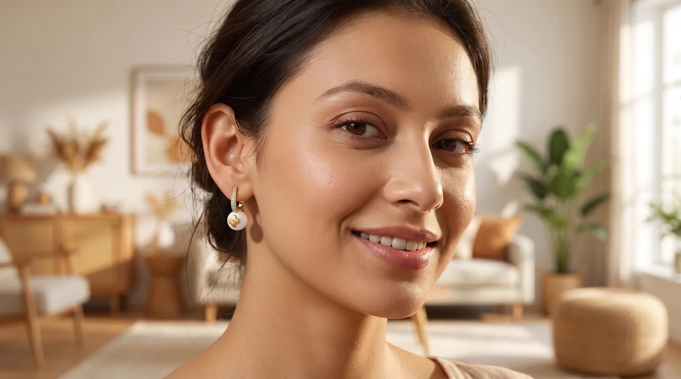 Long earrings 2026 hero: The Asya Huggie Earrings worn gracefully on a fair-skinned Indian woman