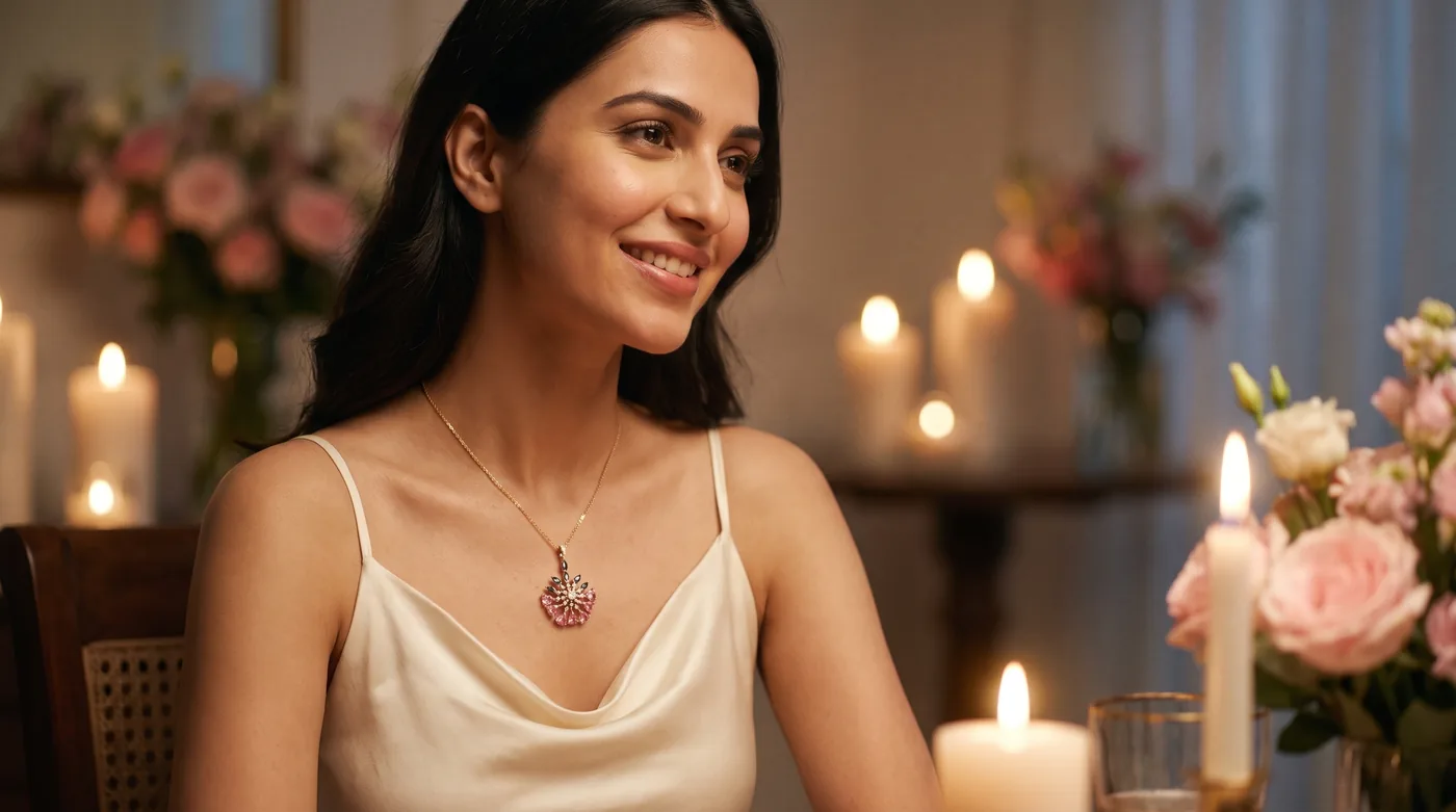 Necklace gift for girlfriend 2026 hero lifestyle with woman wearing The Thaloria Pendant in gold and diamonds