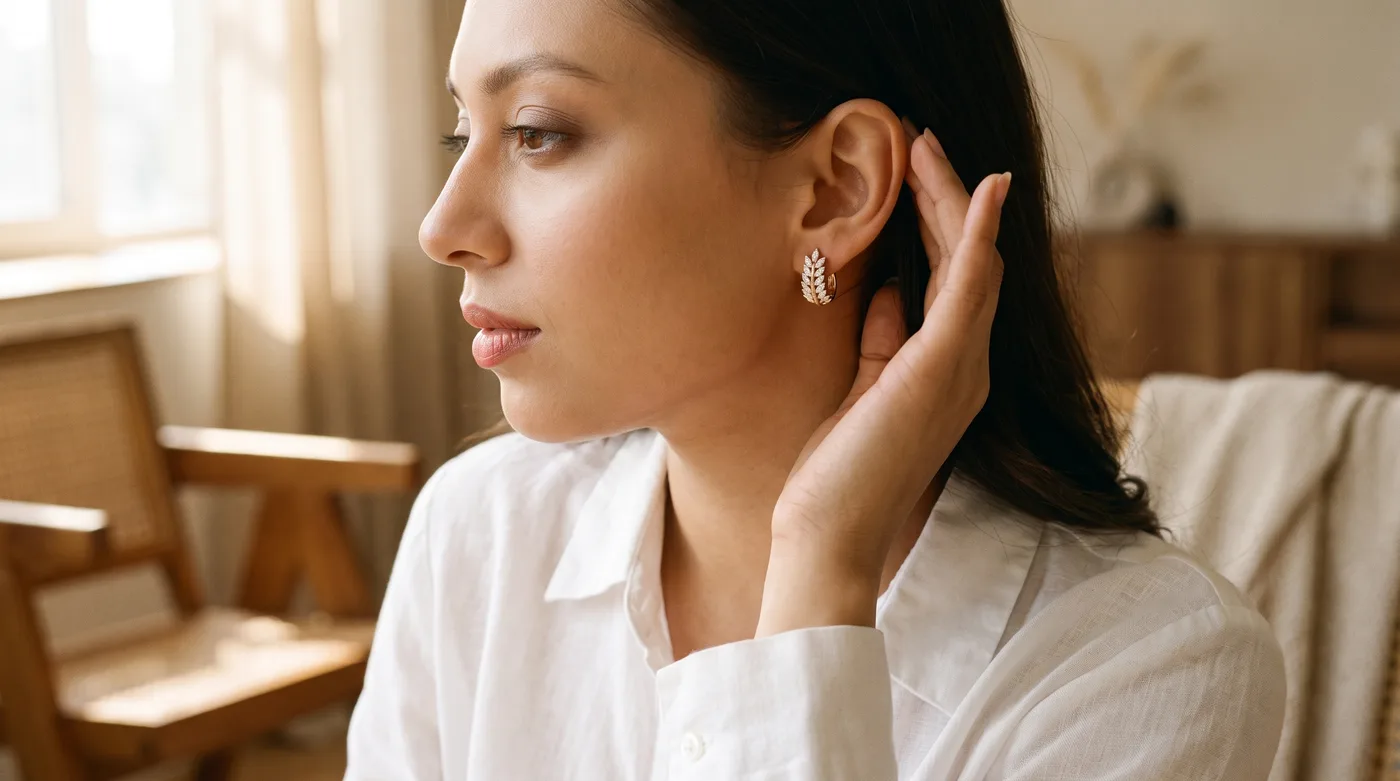 New model gold earrings 2026: The Vicky Hoop Earrings in fine gold worn gracefully