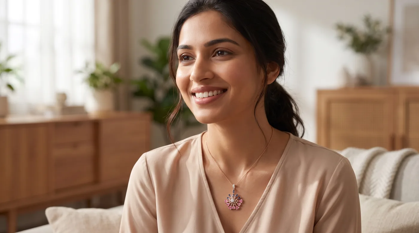 Pearl jewellery set 2026 hero: The Thaloria Pendant worn gracefully by a fair-skinned Indian woman