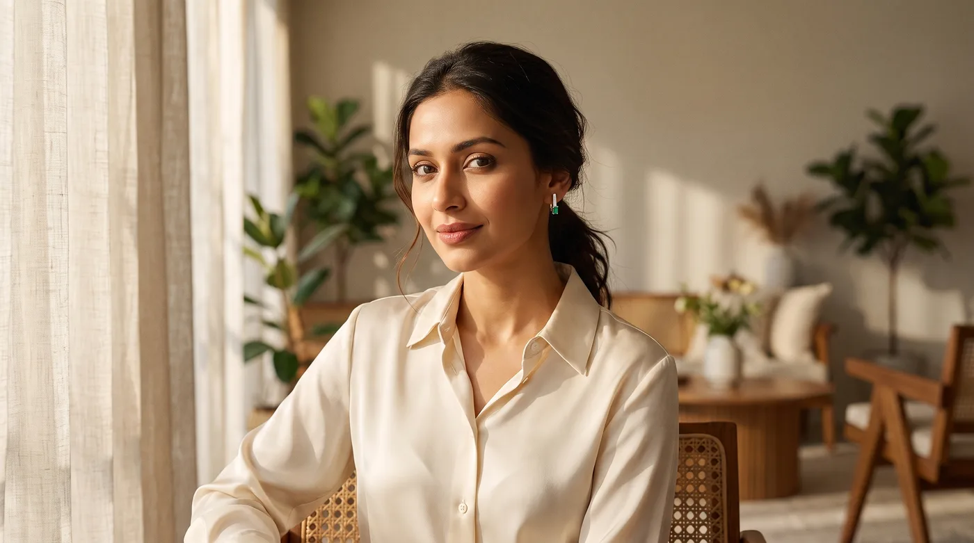 Platinum earrings 2026 hero: The Rohal Huggie Earrings worn by an elegant fair-skinned Indian woman in natural daylight