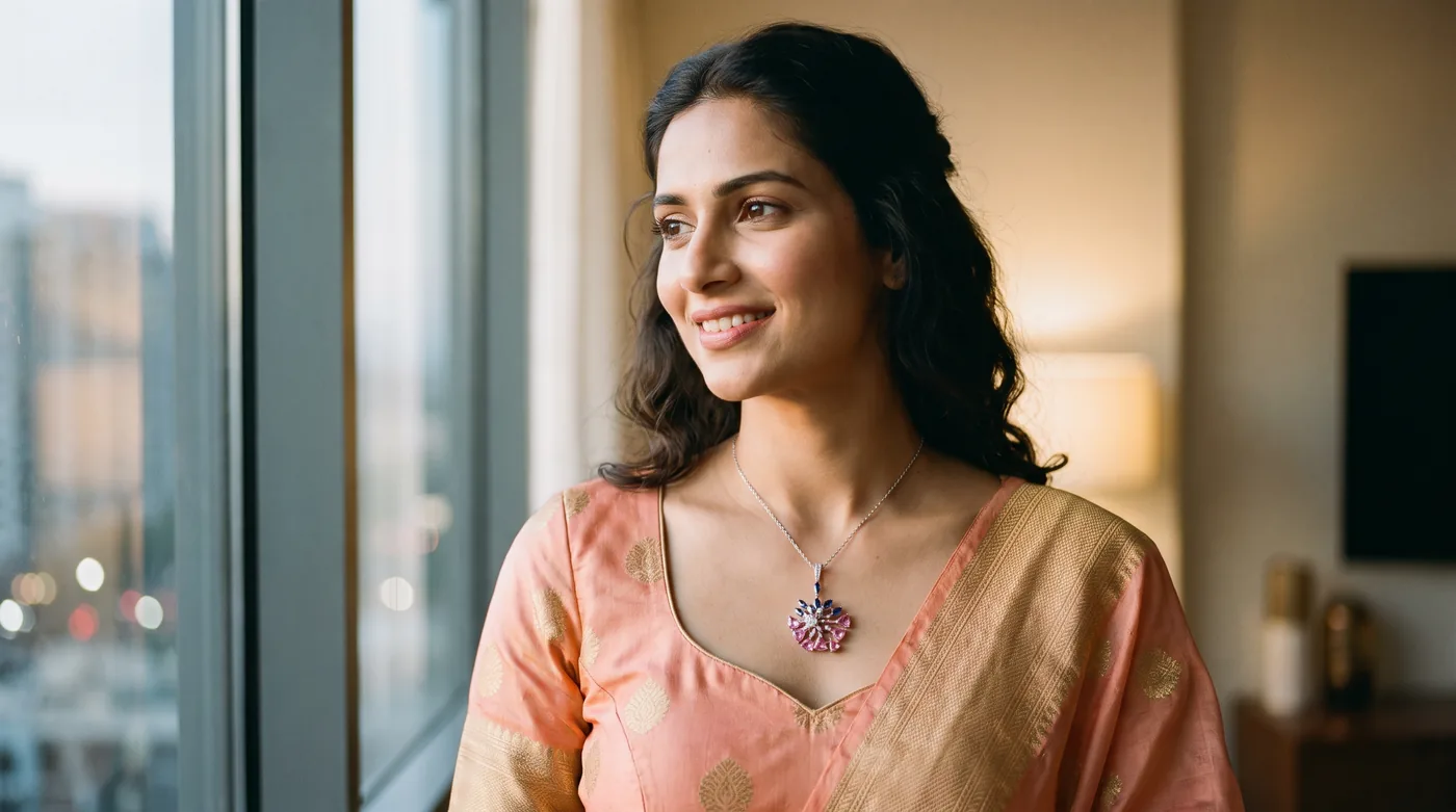 platinum necklace 2026 hero, The Thaloria Pendant worn on an elegant neckline by a woman
