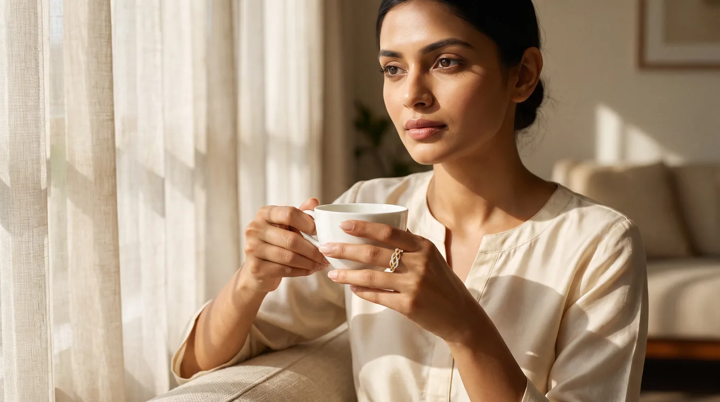 Pukhraj ring 2026 hero: The Anya Ring worn on the index finger by an elegant fair-skinned Indian woman in warm morning daylight