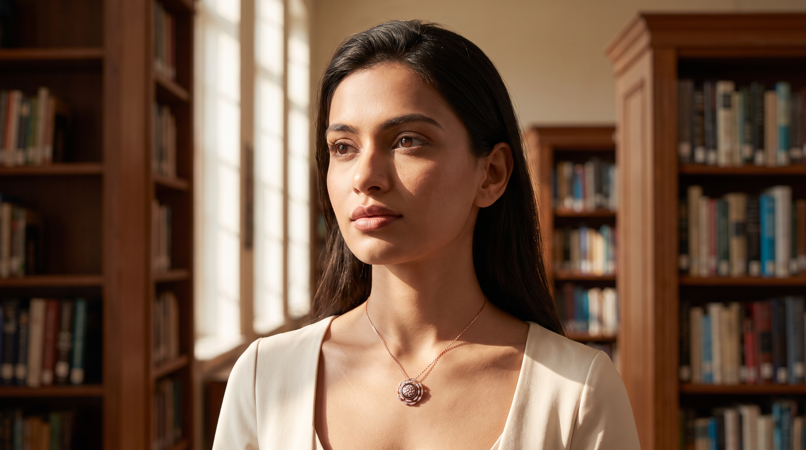 behaviour quotes 2026 hero with an Indian woman wearing The Teshvarya Pendant