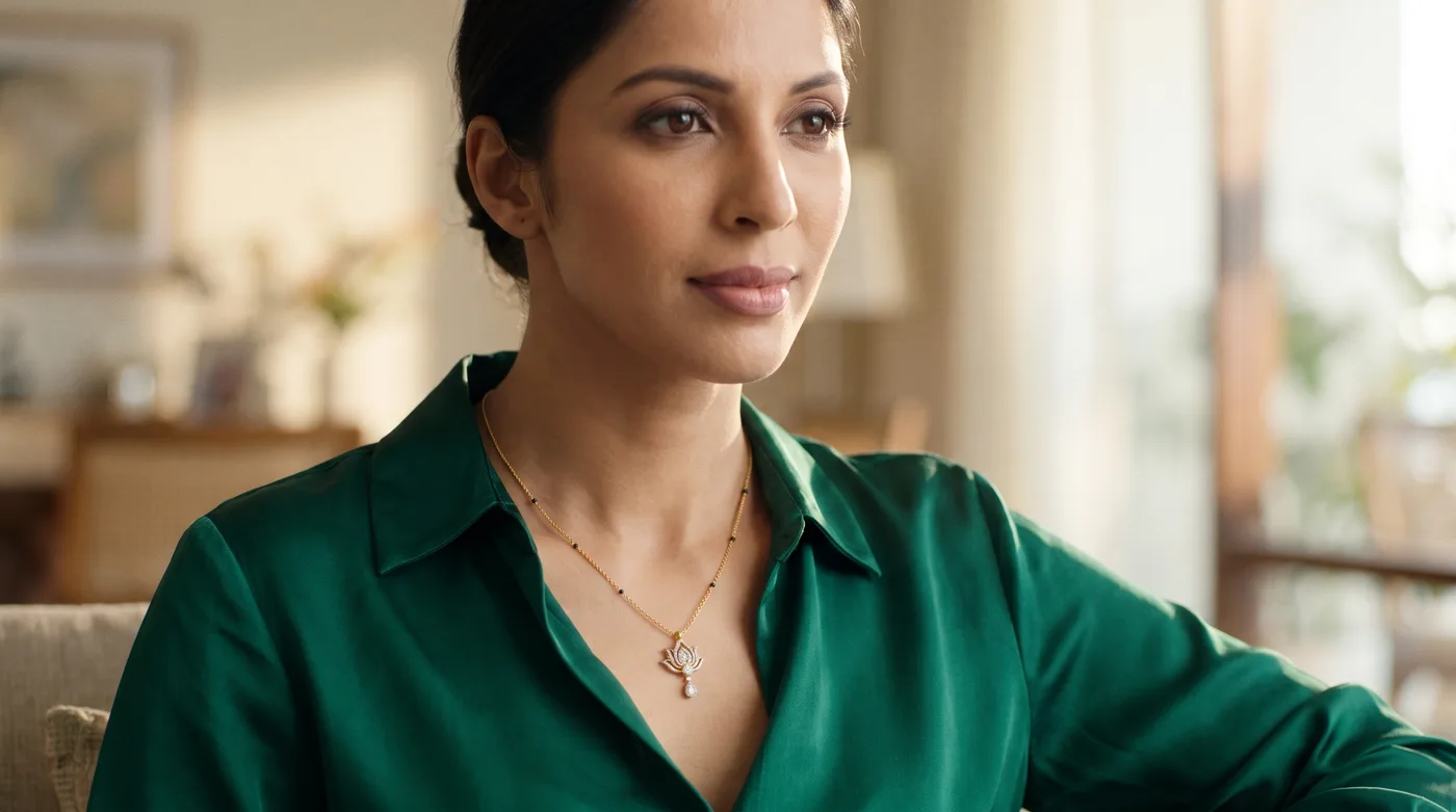 Short necklace designs 2026 trending gold collar style, The Shubhlatika Mangalsutra Necklace worn by fair-skinned Indian woman