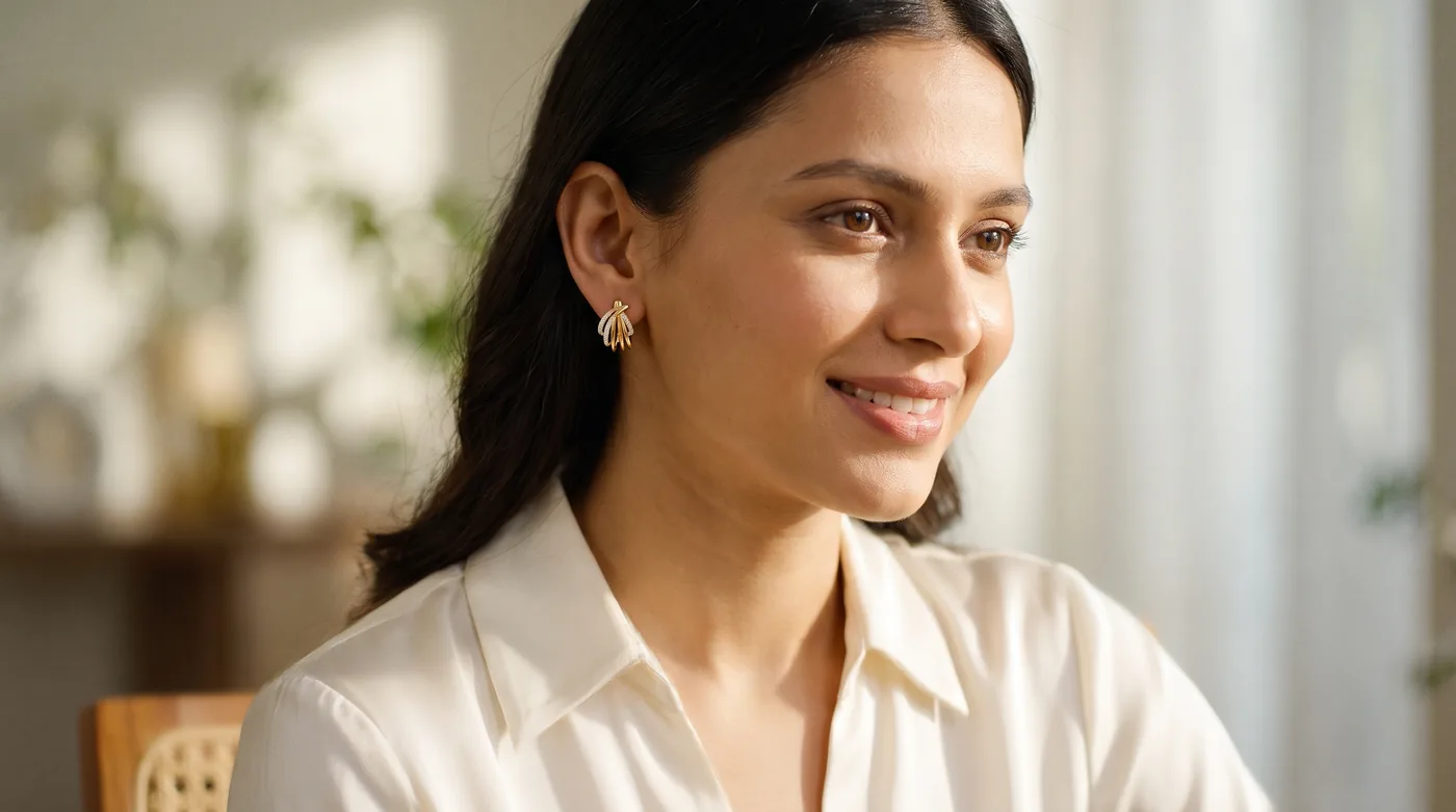 Small gold earrings 2026 hero lifestyle with fair-skinned Indian woman wearing The Ursa Hoop Earrings in 18kt gold