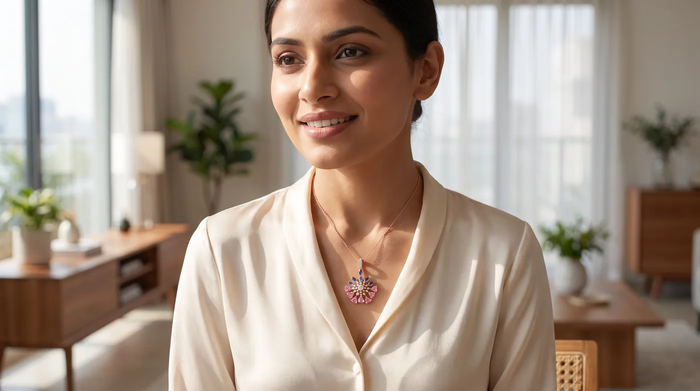 Stylish gold necklace design 2026: The Thaloria Pendant worn on neck