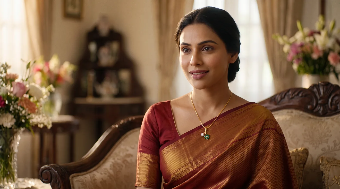 Traditional necklace for women 2026 heritage design, The Aagarna Pendant worn on silk saree
