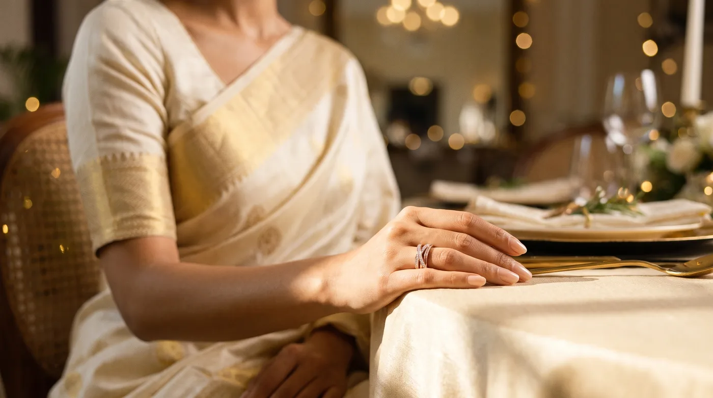 Vanki ring 2026 trending design, The Le Sommet Ring chevron peak worn on hand by fair-skinned Indian woman