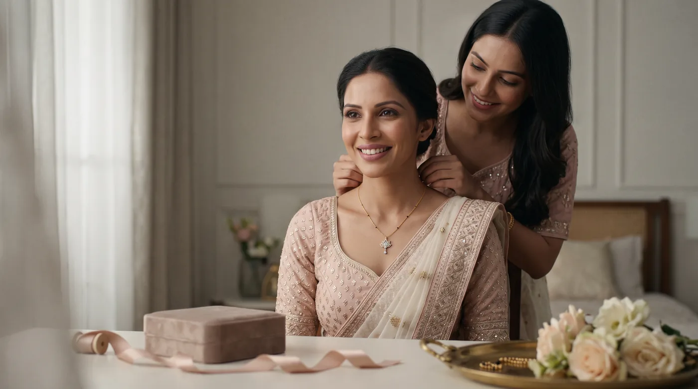 wedding gifts for girls 2026 as a sister helps a bride wear The Shubhlatika Mangalsutra Necklace