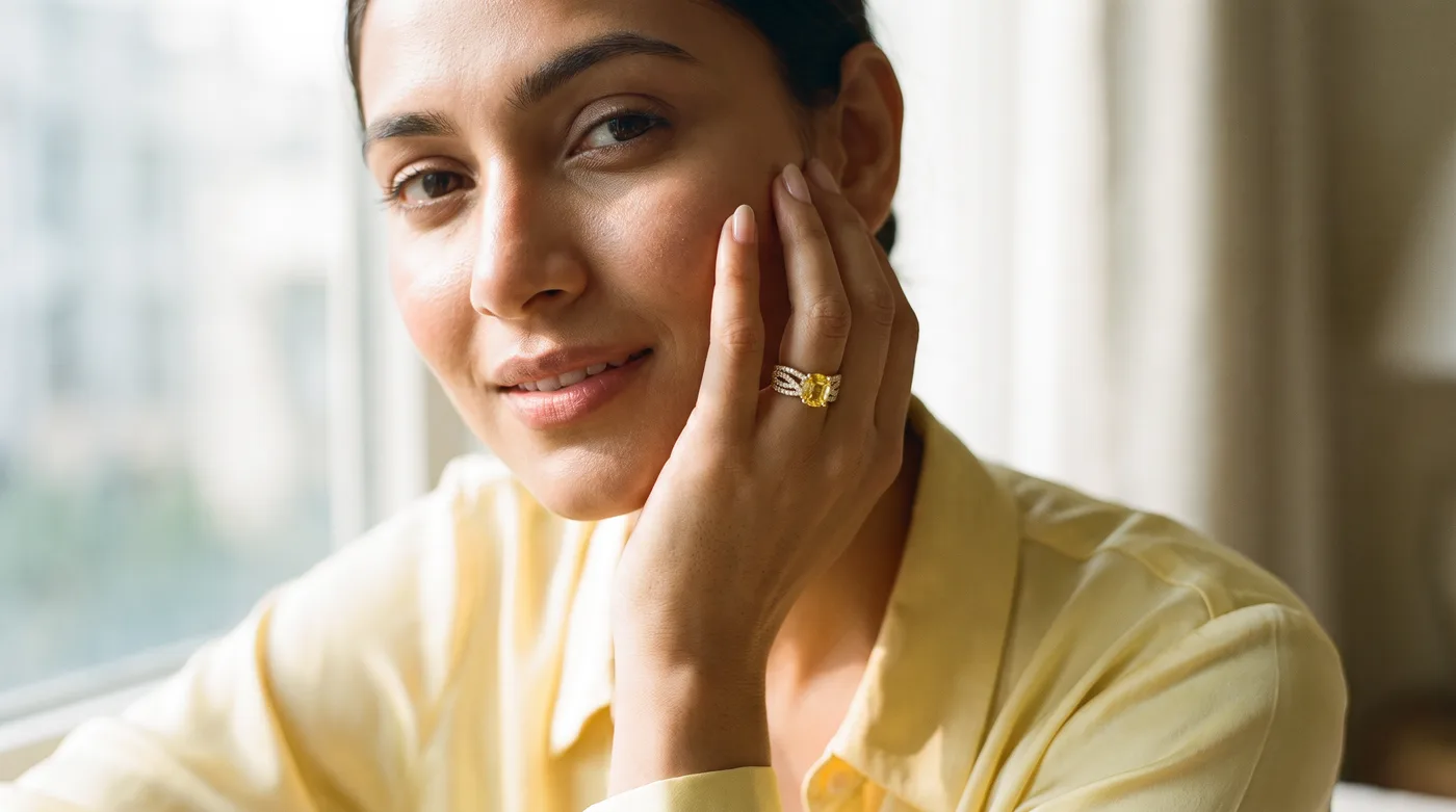 Yellow sapphire ring 2026 trending design, The Malibu Ring worn by fair-skinned Indian woman