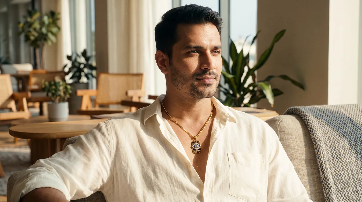 22k gold chain mens 2026 buying guide hero showing a fair-skinned Indian man wearing a 22k gold chain and The Talisman Evil Eye Pendant For Him