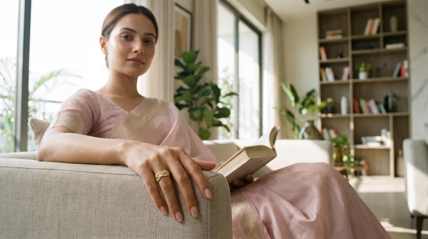 Amethyst rings 2026 buying guide hero showing an elegant fair-skinned Indian woman wearing The Malibu Ring in fine gold