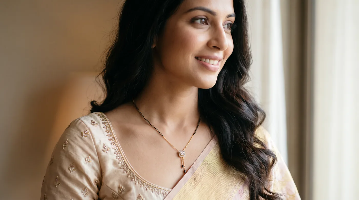 beads necklace 2026 hero: fair-skinned Indian woman wearing The Yeijah Mangaslsutra Necklace gold beads jewellery with elegant ethnic attire