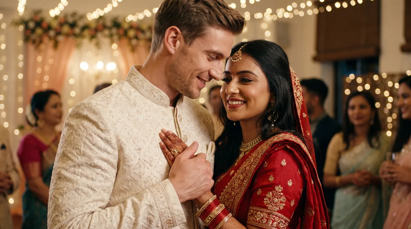 couple wedding rings 2026 buying guide hero showing a fair-skinned Indian groom wearing The Jasper Band For Him in solid gold beside his bride