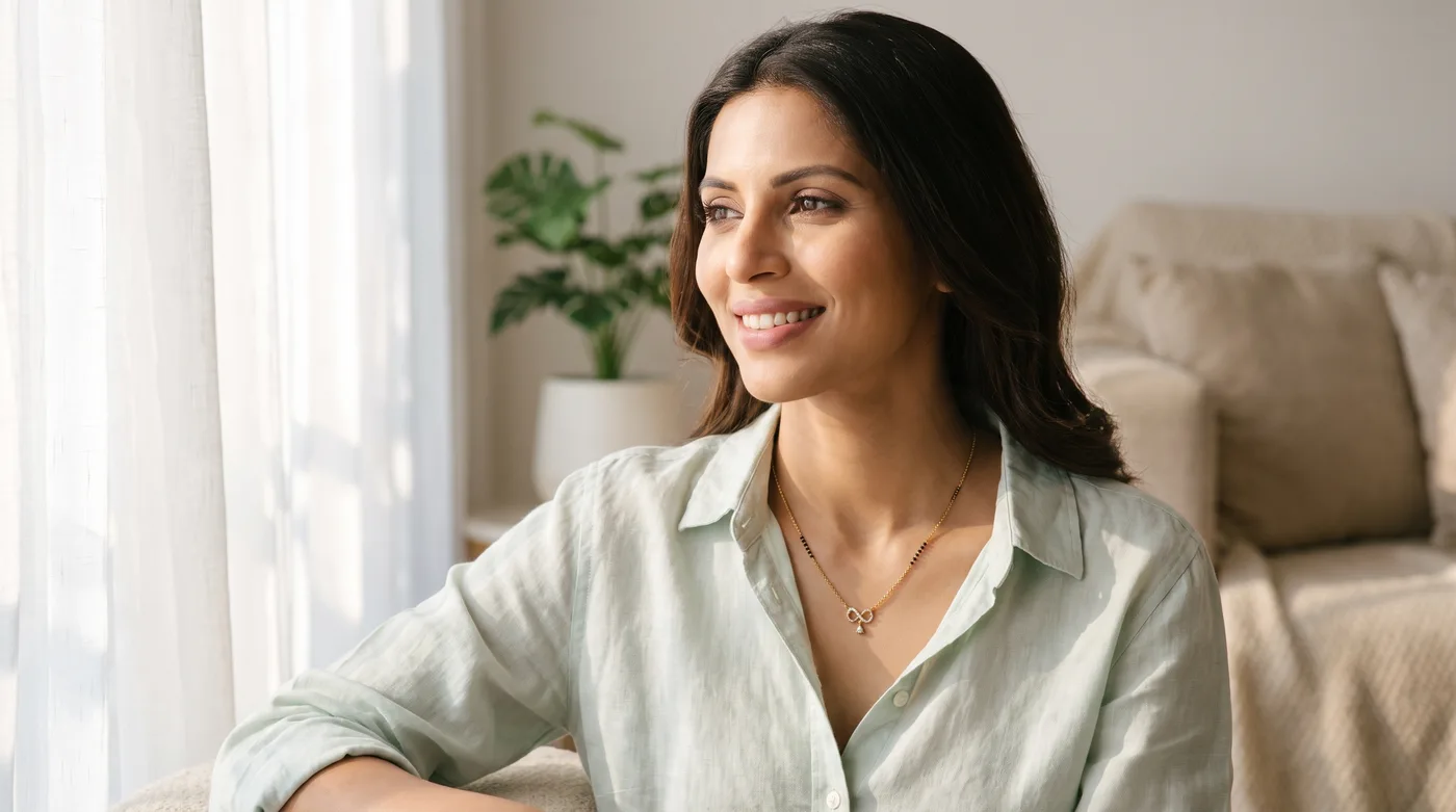 daily wear short mangalsutra designs 2026 buying guide hero showing a fair-skinned Indian woman wearing The Casma Mangalsutra in 18K gold at her collarbone