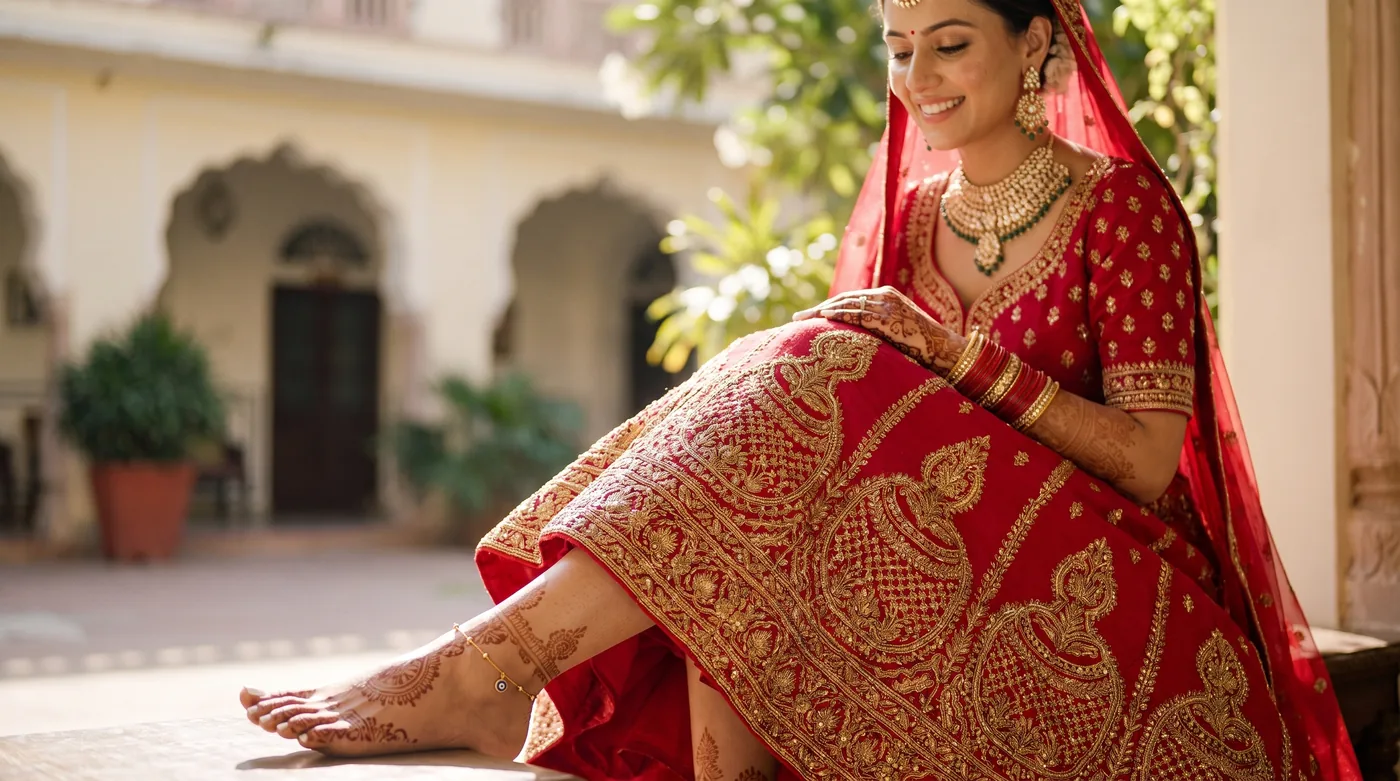 dulhan payal 2026 buying guide hero showing an elegant fair-skinned Indian bride fastening her fine gold bridal anklet
