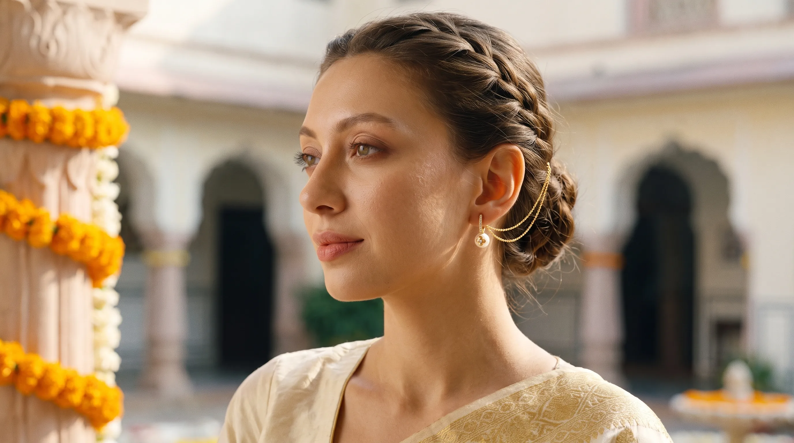 ear chain gold 2026 buying guide hero showing a fair-skinned Indian woman wearing elegant gold earrings with graceful cascading ear chains