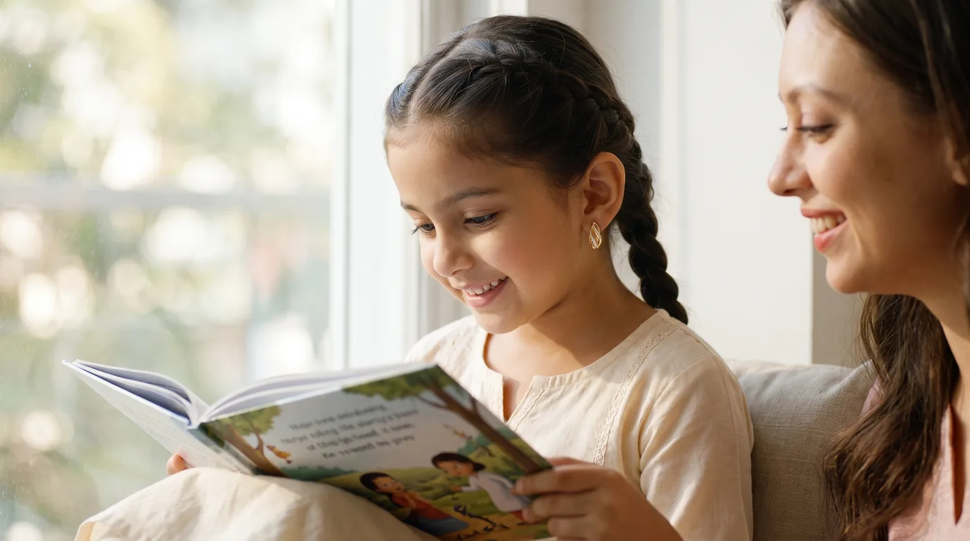 Gold earrings for kids 2026 hero: The Skein Hoop Earrings in fine yellow gold worn by a fair-skinned Indian young girl