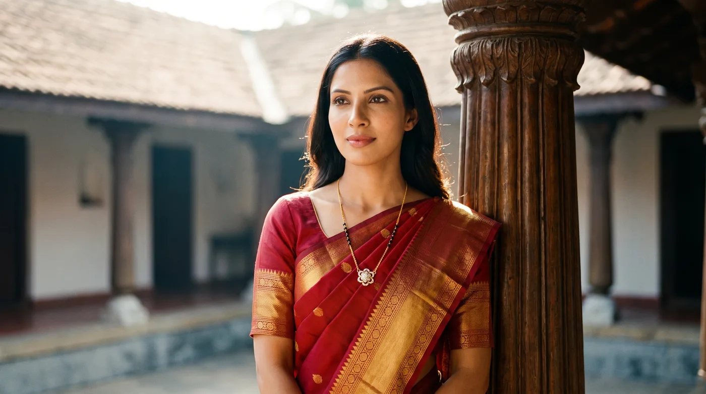 gold haram designs in 40 grams 2026 buying guide hero showing a fair-skinned South Indian bride in a crimson Kanjeevaram silk saree wearing The Eirini Mangalsutra