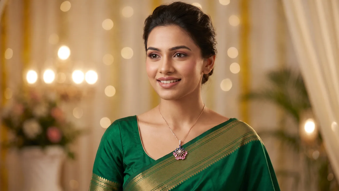 gold necklace set 2026: The Thaloria Pendant on silk saree neckline
