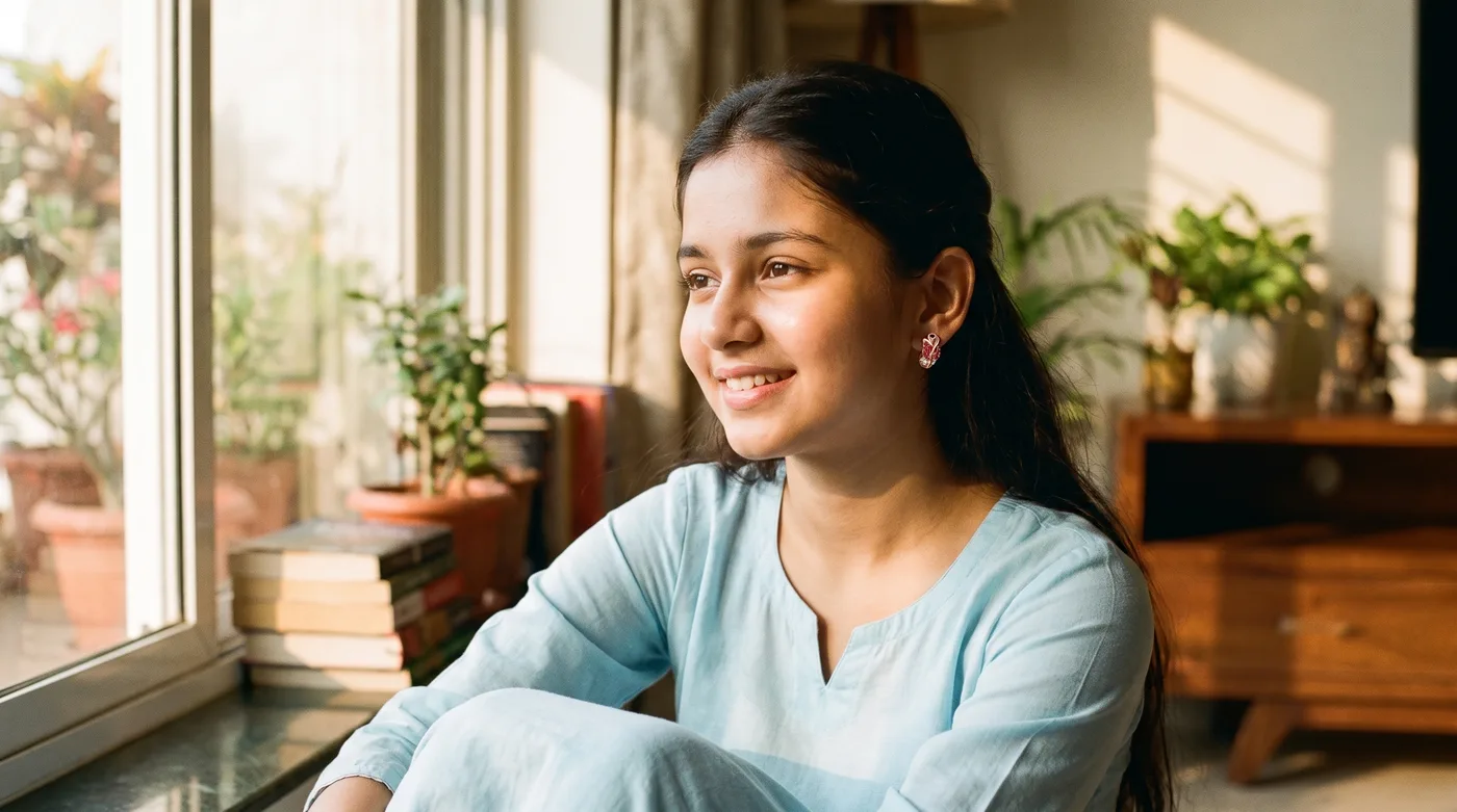 gold tops for girls 2026 buying guide hero showing a fair-skinned young Indian girl wearing The Aleena Huggie Earrings in solid gold