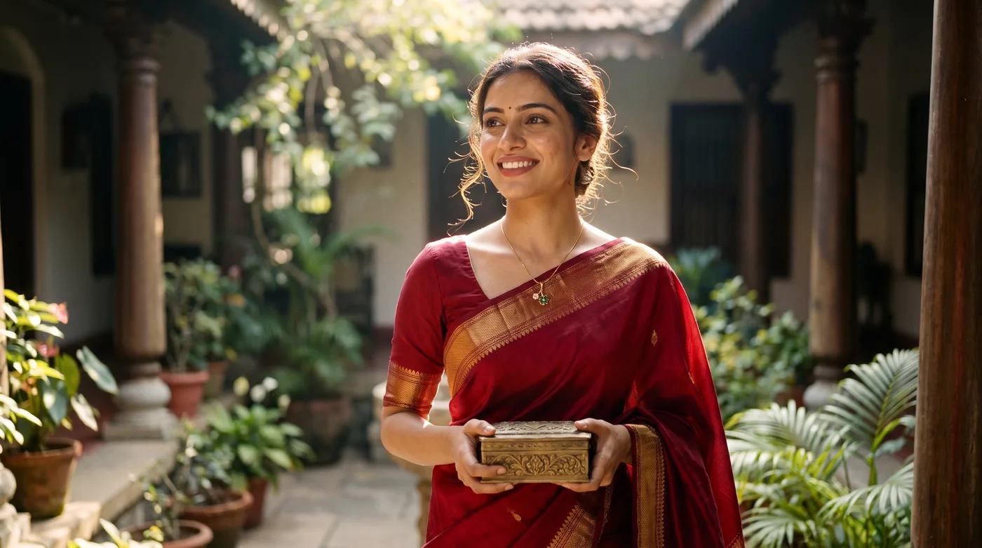 gold waist chain 2026 buying guide hero showing a fair-skinned Indian woman in festive saree holding an ornate gold jewellery box
